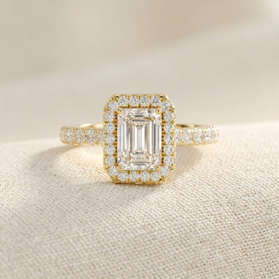 Lab Diamond Single Row Prong Halo Emerald Cut Engagement Ring Sterling Silver
