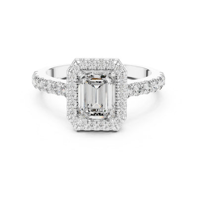 Lab Diamond Single Row Prong Halo Emerald Cut Engagement Ring Sterling Silver