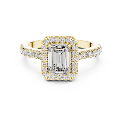 Moissanite Single Row Prong Halo Emerald Cut Engagement Ring Sterling Silver